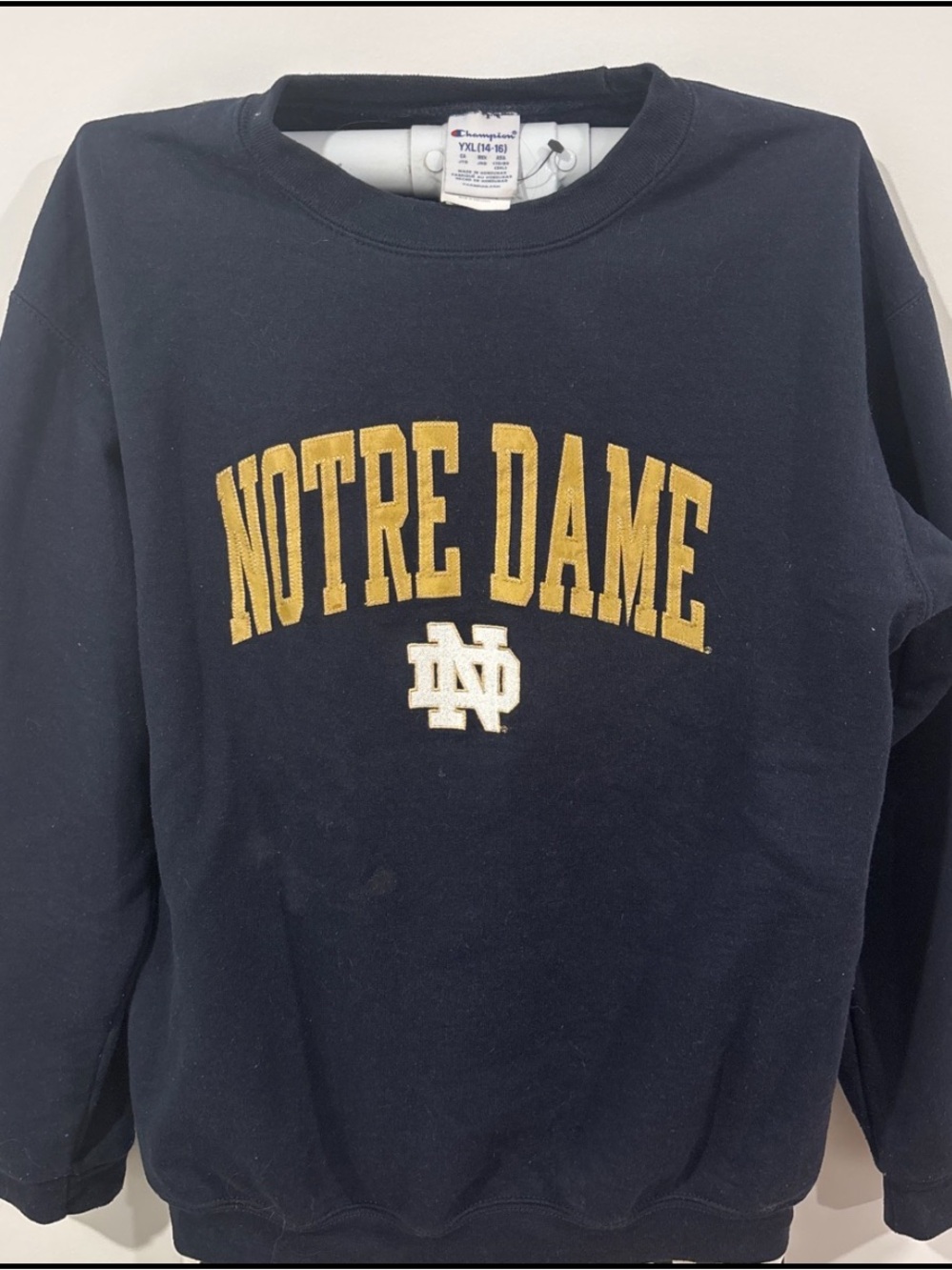 Champion Navy Crewneck Sweatshirt with Gold and White Notre Dame Logo